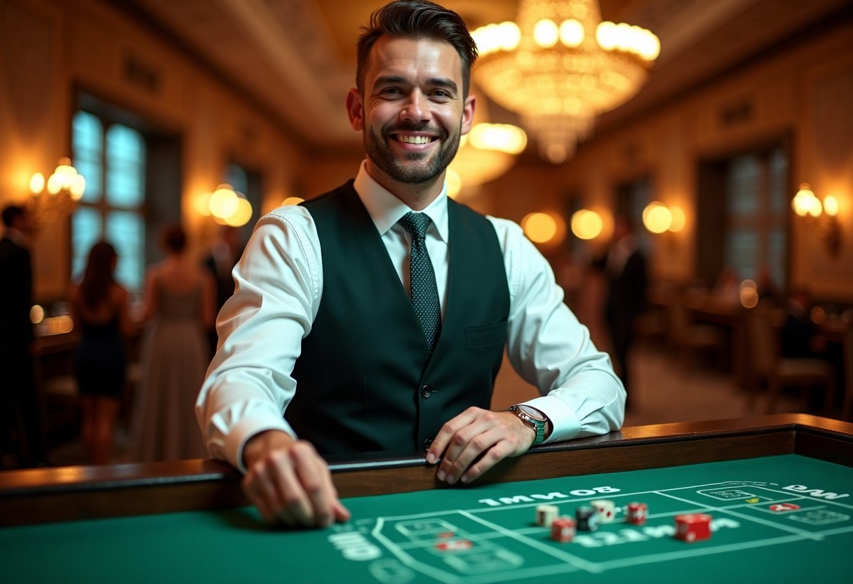 Full craps table with dice, pucks, and layout