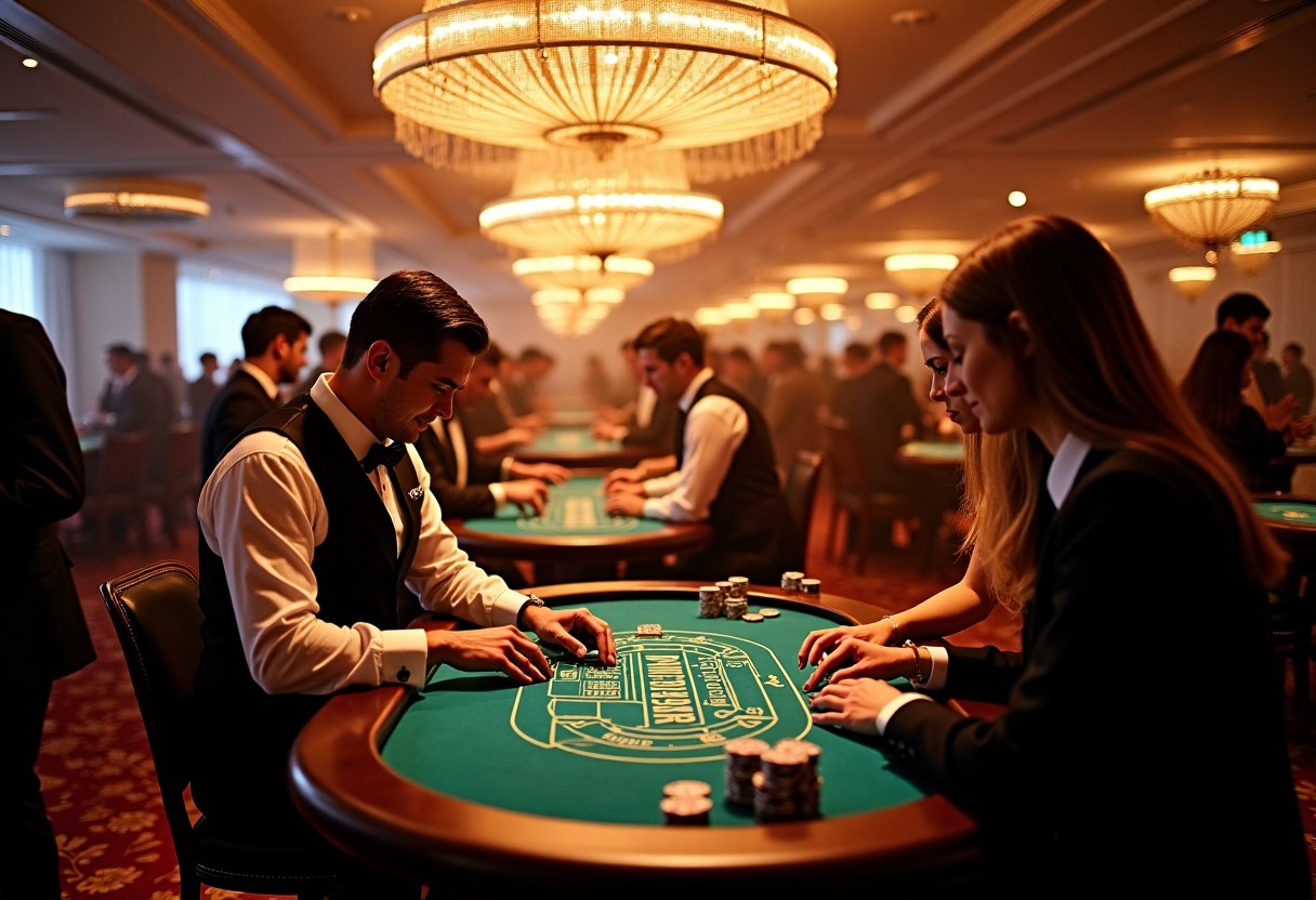 Casino event atmosphere with tables, lighting and guests