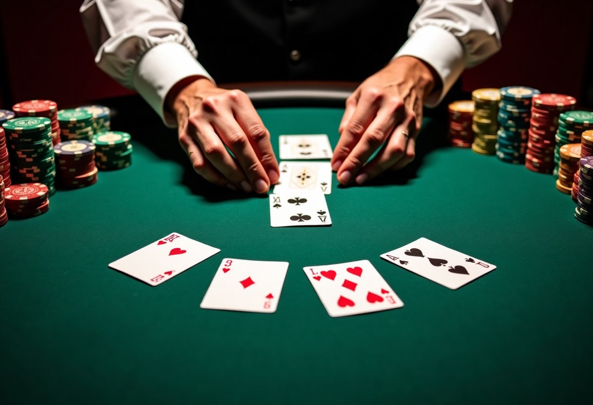 Professional poker table setup with felt, chips, and cards